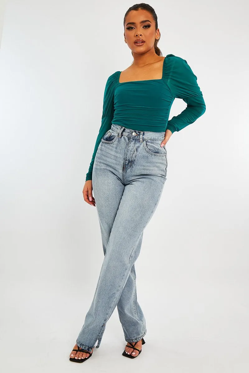 Teal Ruched Body Mesh Sleeve Bodysuit - Raeya sold by Rebellious Fashion product image thumbnail 2