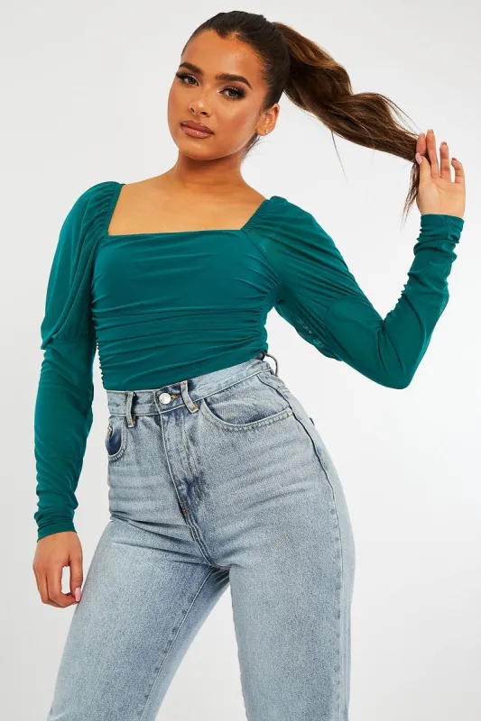 Teal Ruched Body Mesh Sleeve Bodysuit - Raeya sold by Rebellious Fashion