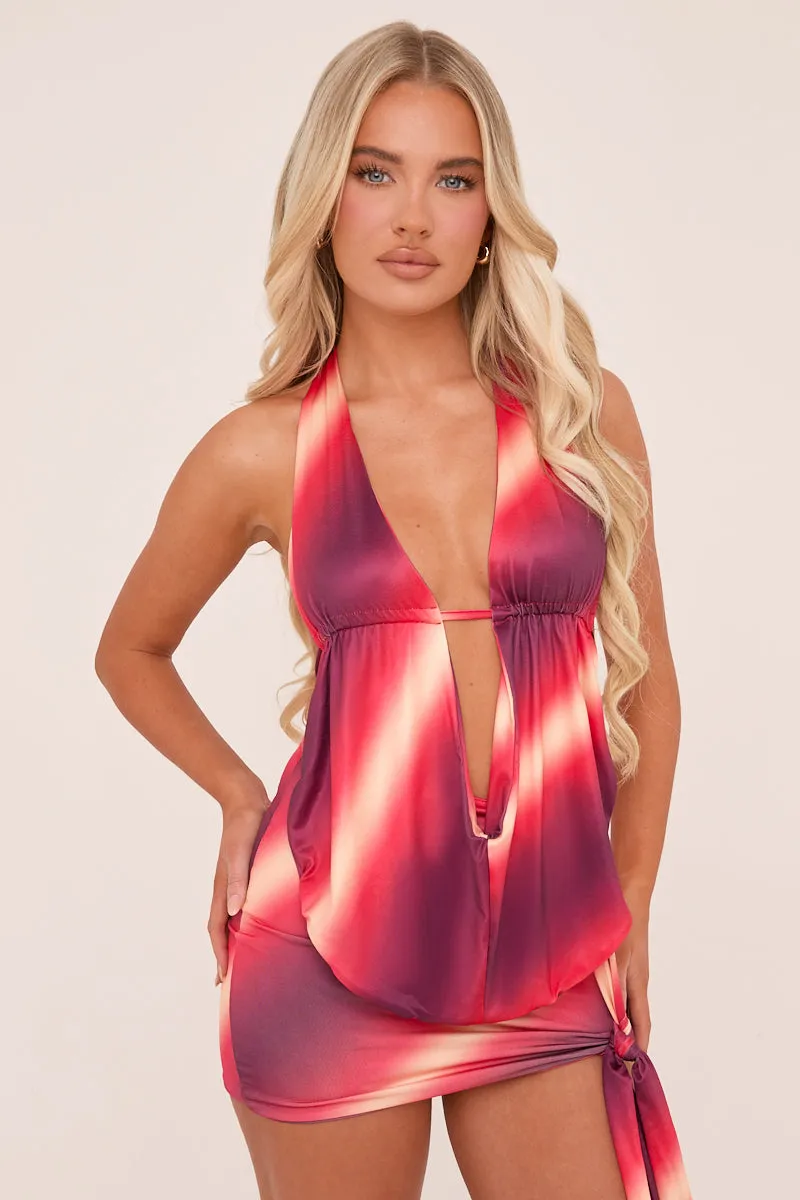 Red Abstract Print Halter Neck Top & Mini Skirt Co-ord Set - Asher sold by Rebellious Fashion product image thumbnail 2