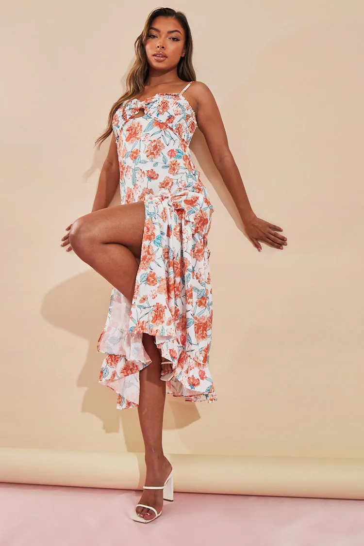 Orange Floral Print Shirred Bust Midi Dress - Renita sold by Rebellious Fashion product image thumbnail 2