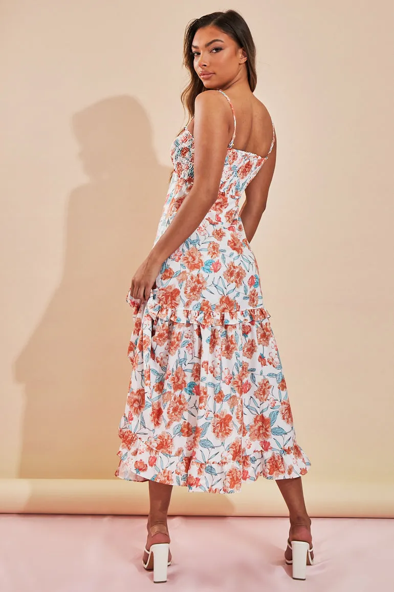 Orange Floral Print Shirred Bust Midi Dress - Renita sold by Rebellious Fashion product image thumbnail 4