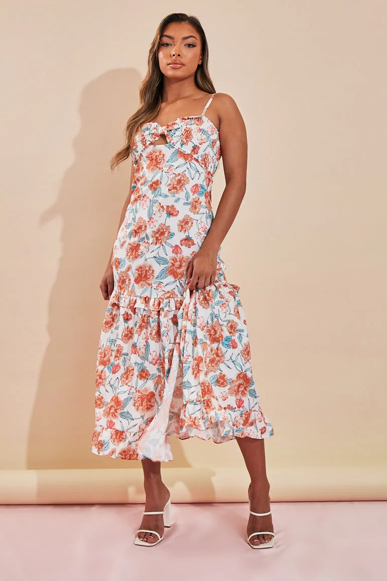 Orange Floral Print Shirred Bust Midi Dress - Renita sold by Rebellious Fashion product image thumbnail 3