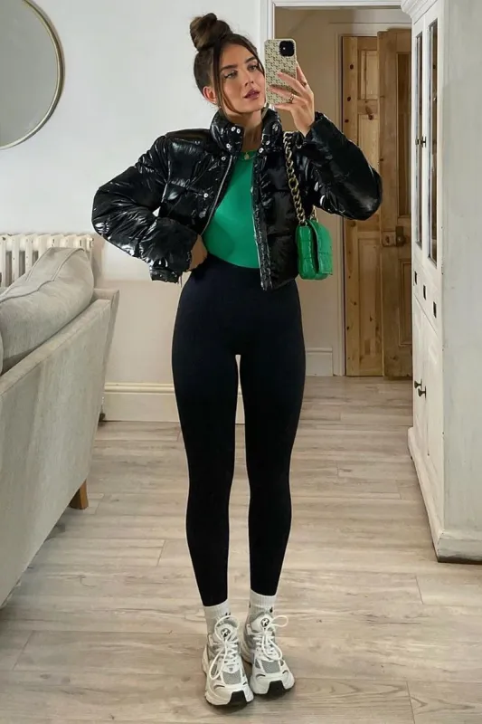 Black Cropped High Shine Puffer Jacket - Alba sold by Rebellious Fashion
