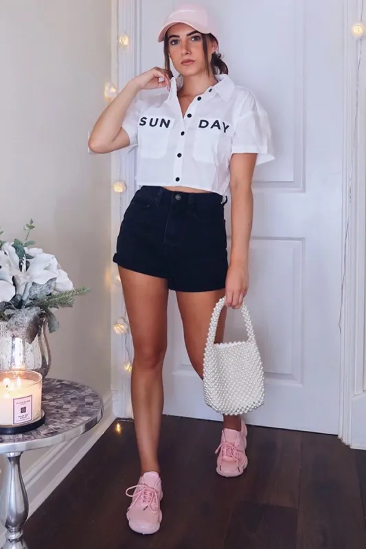 White Sunday Slogan Cropped Shirt - Blaike sold by Rebellious Fashion