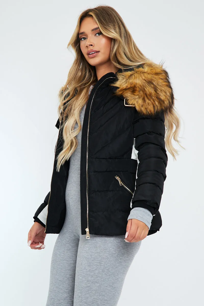 Black Fur Hood Contrast Panel Puffer Jacket - Marloe sold by Rebellious Fashion product image thumbnail 2