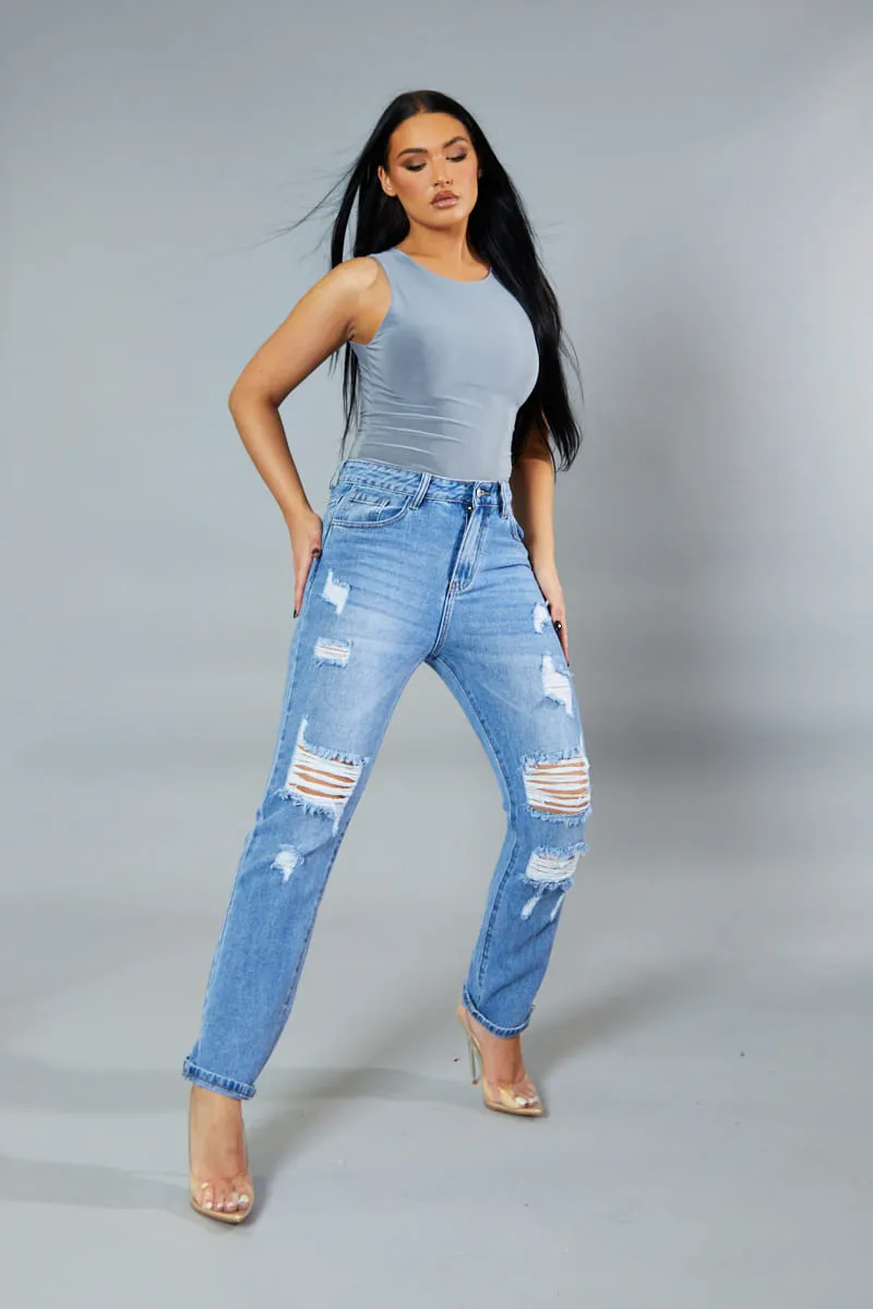 Light Blue Distressed Straight Leg Jeans - Nikia sold by Rebellious Fashion product image thumbnail 2