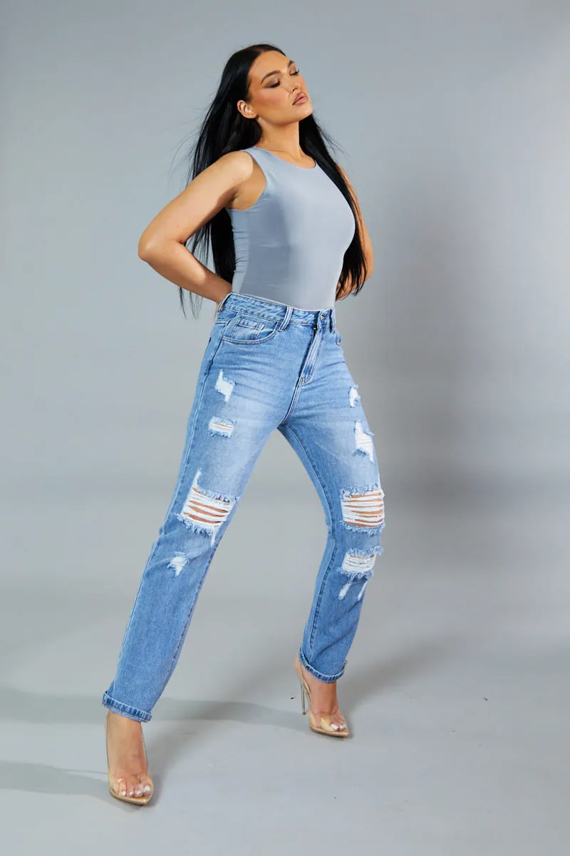 Light Blue Distressed Straight Leg Jeans - Nikia sold by Rebellious Fashion product image thumbnail 4