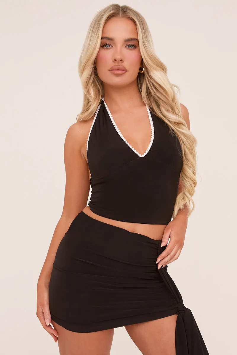 Black Lace Trim Halter Neck Crop Top & Mini Skirt Co-ord Set - Natalie sold by Rebellious Fashion