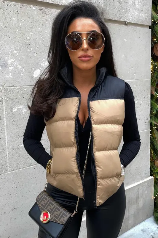 Camel Contrast Front Puffer Gilet - Mikenzie sold by Rebellious Fashion