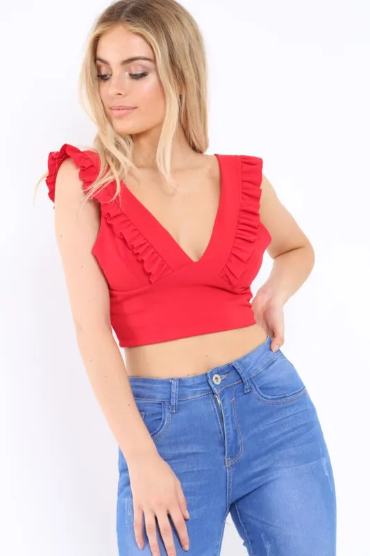 Red Plunge Ruffle Crop Top - Sofia sold by Rebellious Fashion