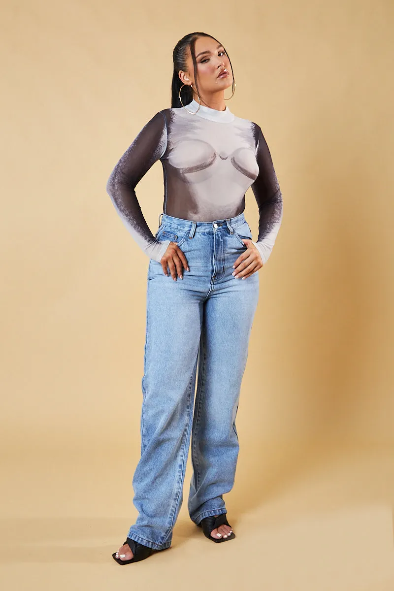 Grey Body Print Long sleeve Bodysuit - Isla sold by Rebellious Fashion product image thumbnail 2