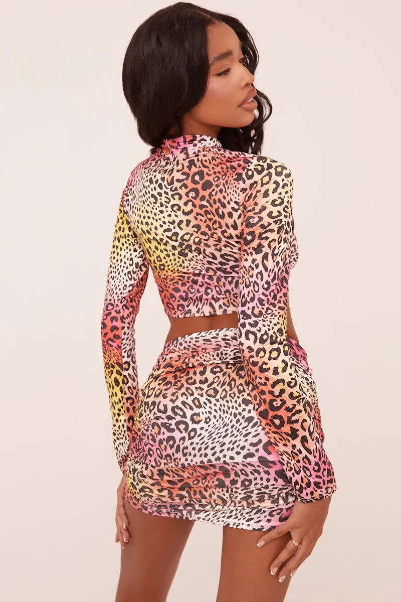 Multi Leopard Print High Neck Crop Top & Mini Skirt Co-ord Set - Denna sold by Rebellious Fashion product image thumbnail 4