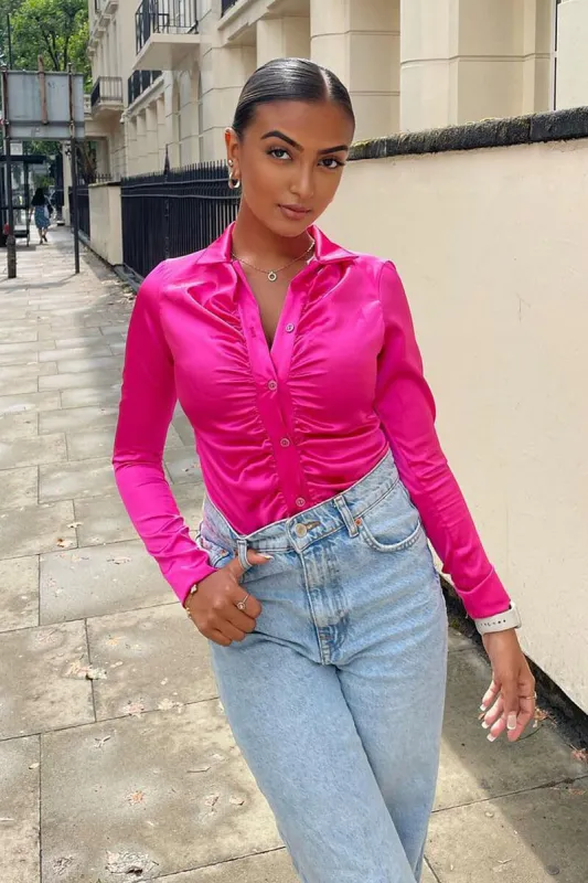 Hot Pink Gathered Front Satin Shirt Bodysuit - Lucia made by Rebellious Fashion