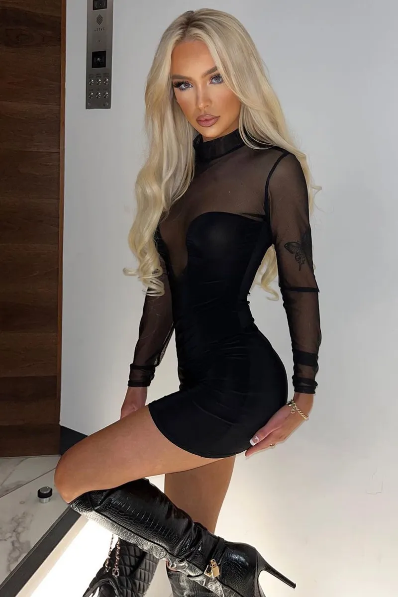 Black Curved Bust Mesh Detail Dress - Emmy sold by Rebellious Fashion