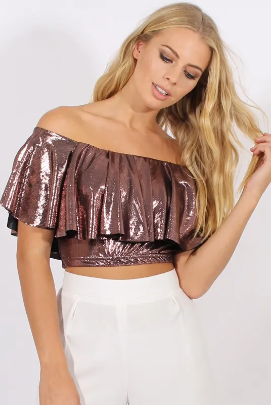 Pink Metallic Bardot Frill Crop Top - Ariana sold by Rebellious Fashion