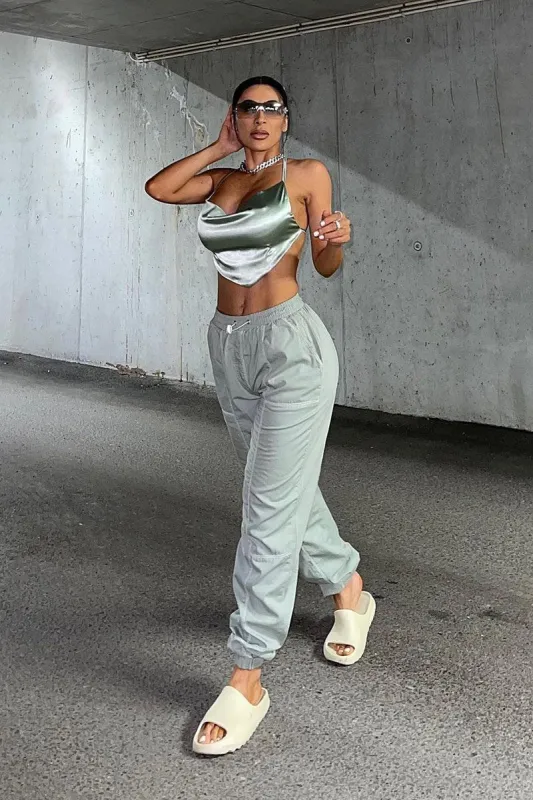 Sage Satin Bandana Halter Crop Top - Talisa sold by Rebellious Fashion