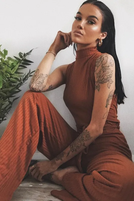 Rust Ribbed High Neck Wide Leg Belted Jumpsuit - Rayden sold by Rebellious Fashion