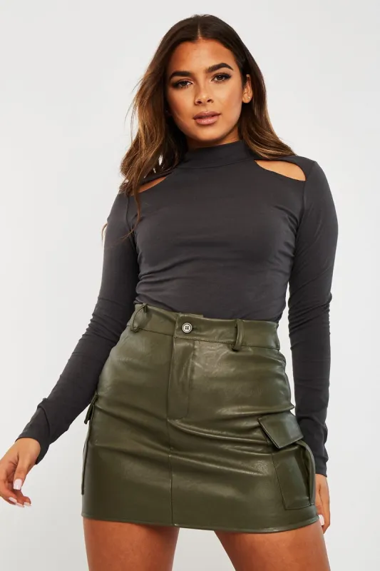 Dark Grey Cut Out Long Sleeve Top - Camellia sold by Rebellious Fashion