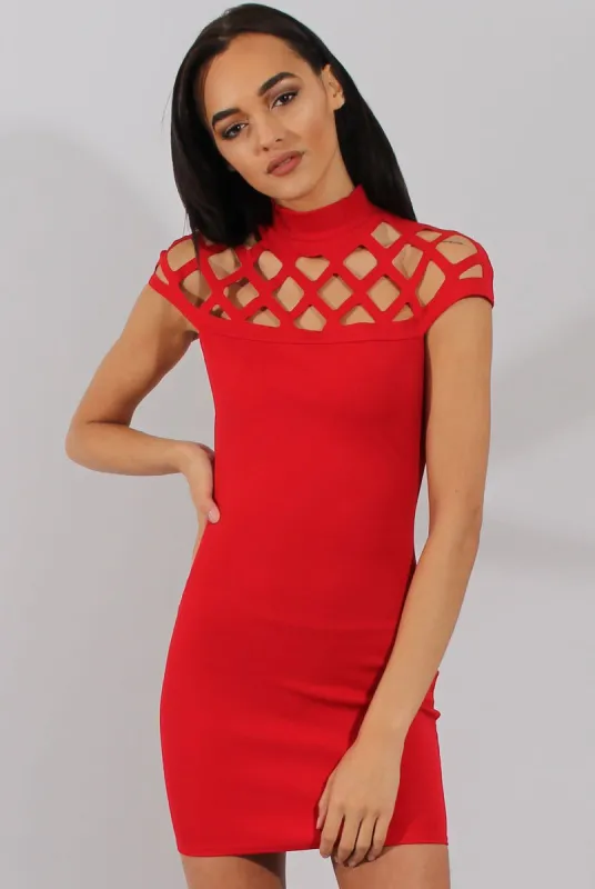 Red Cage High Neck Bodycon Dress- Kade sold by Rebellious Fashion