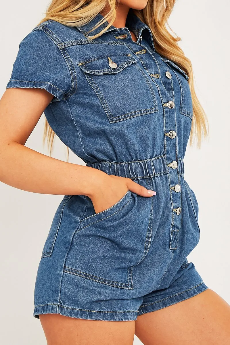 Mid Blue Button Front Denim Playsuit - Briasia sold by Rebellious Fashion product image thumbnail 3