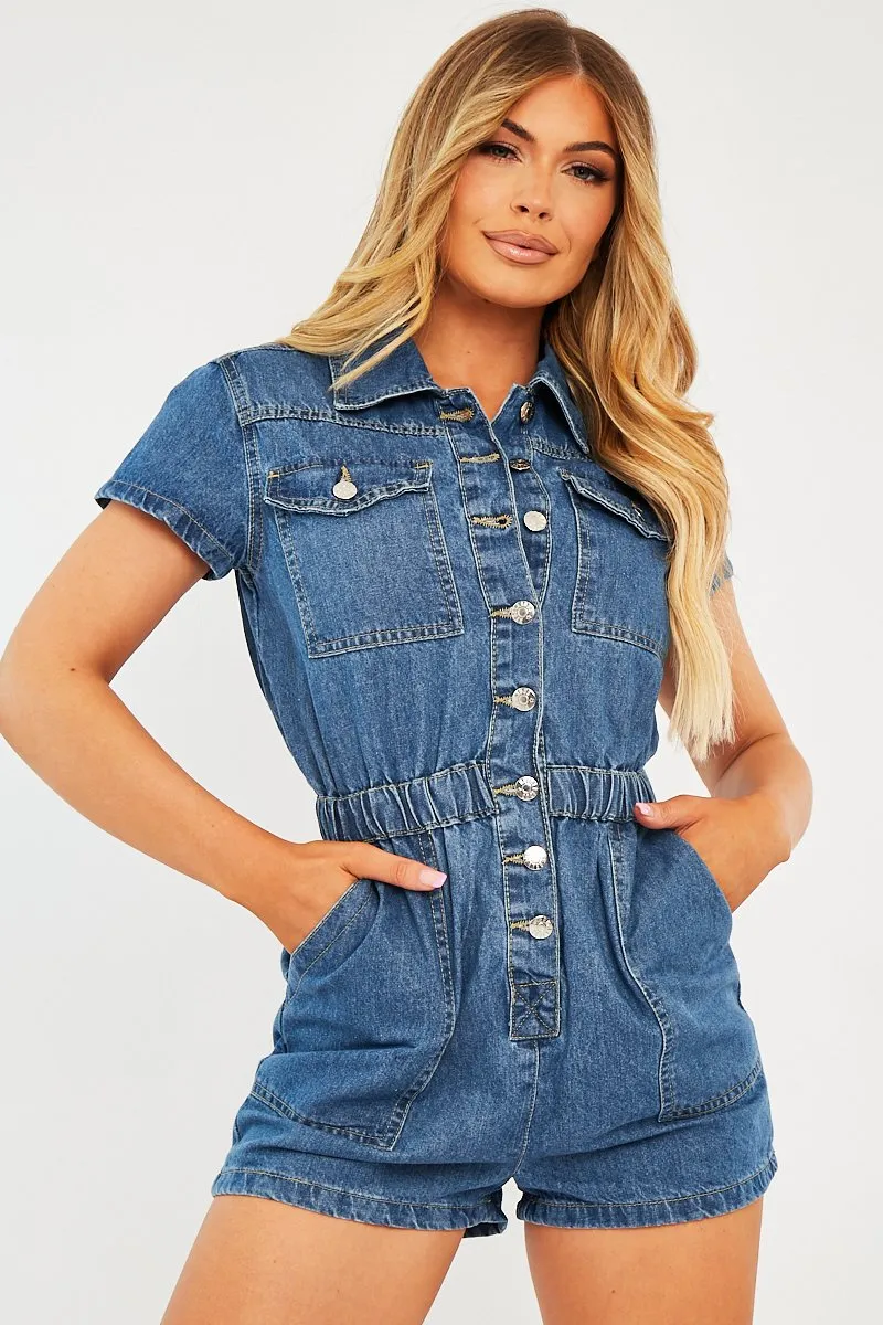 Mid Blue Button Front Denim Playsuit - Briasia sold by Rebellious Fashion product image thumbnail 2