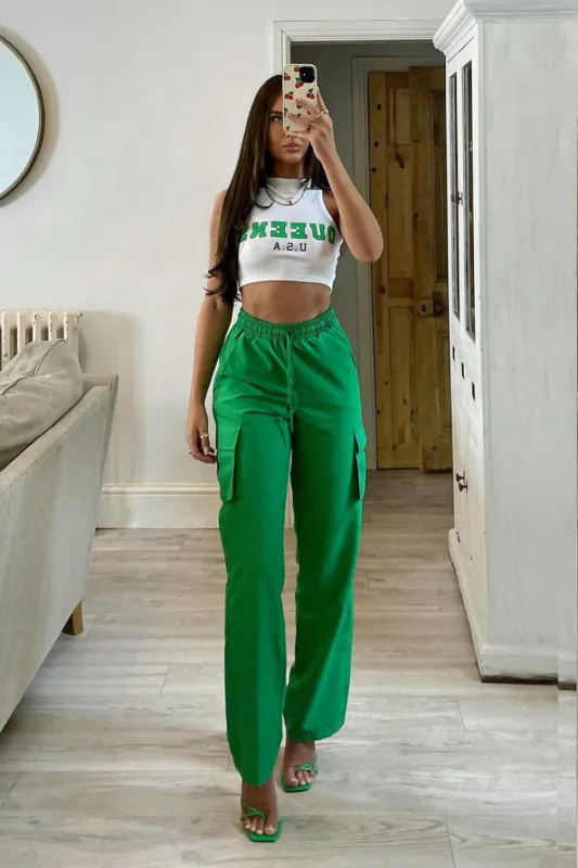 Green Straight Leg Cargo Trousers - Aida sold by Rebellious Fashion
