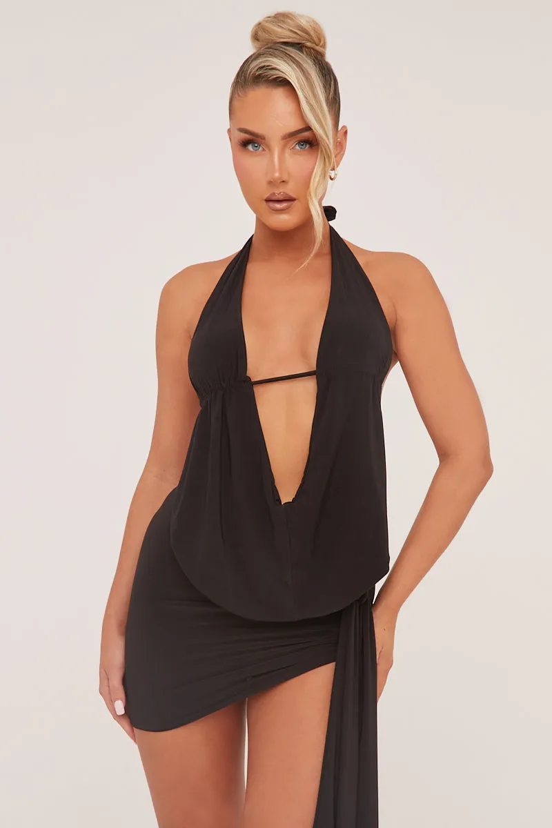 Black Plunge Neck Cowl Detail Top & Mini Skirt Co-ord Set - Lama sold by Rebellious Fashion