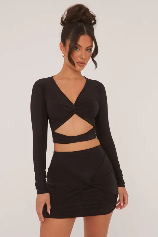 Black Twist Detail Cut Out Front Cropped Top - Ava made by Rebellious Fashion