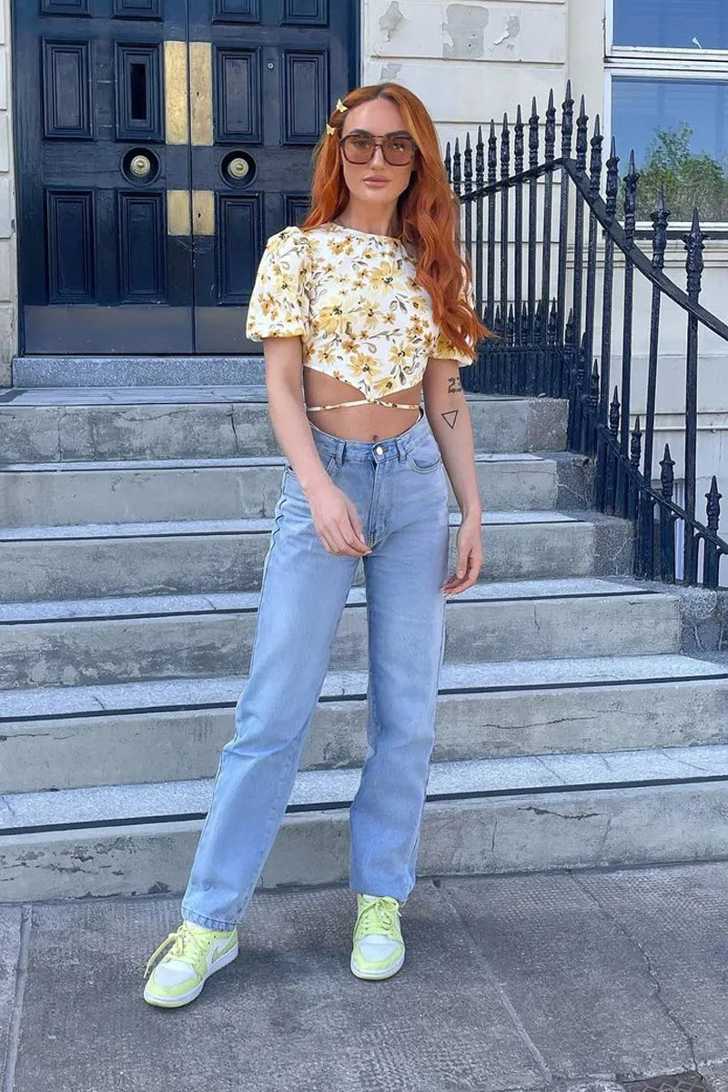 Cream Floral Puff Sleeve Cut Out Crop Top - Perla sold by Rebellious Fashion product image thumbnail 5