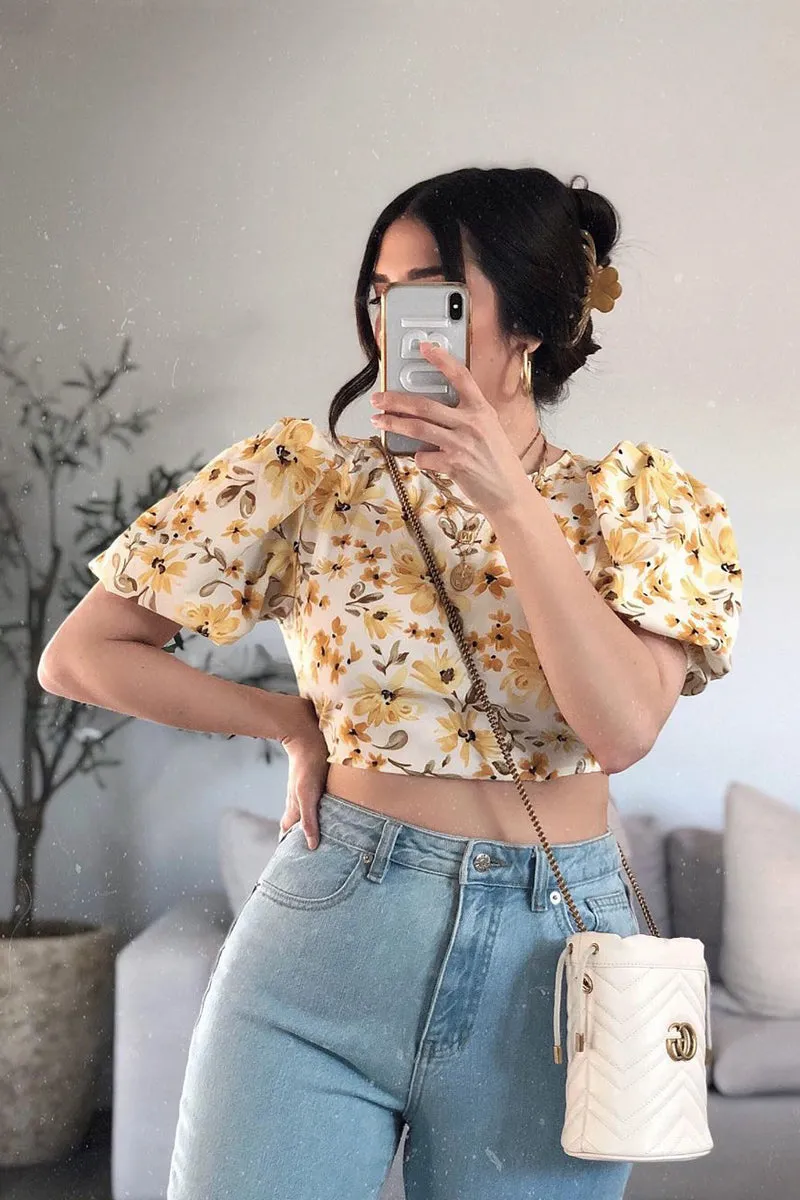 Cream Floral Puff Sleeve Cut Out Crop Top - Perla sold by Rebellious Fashion