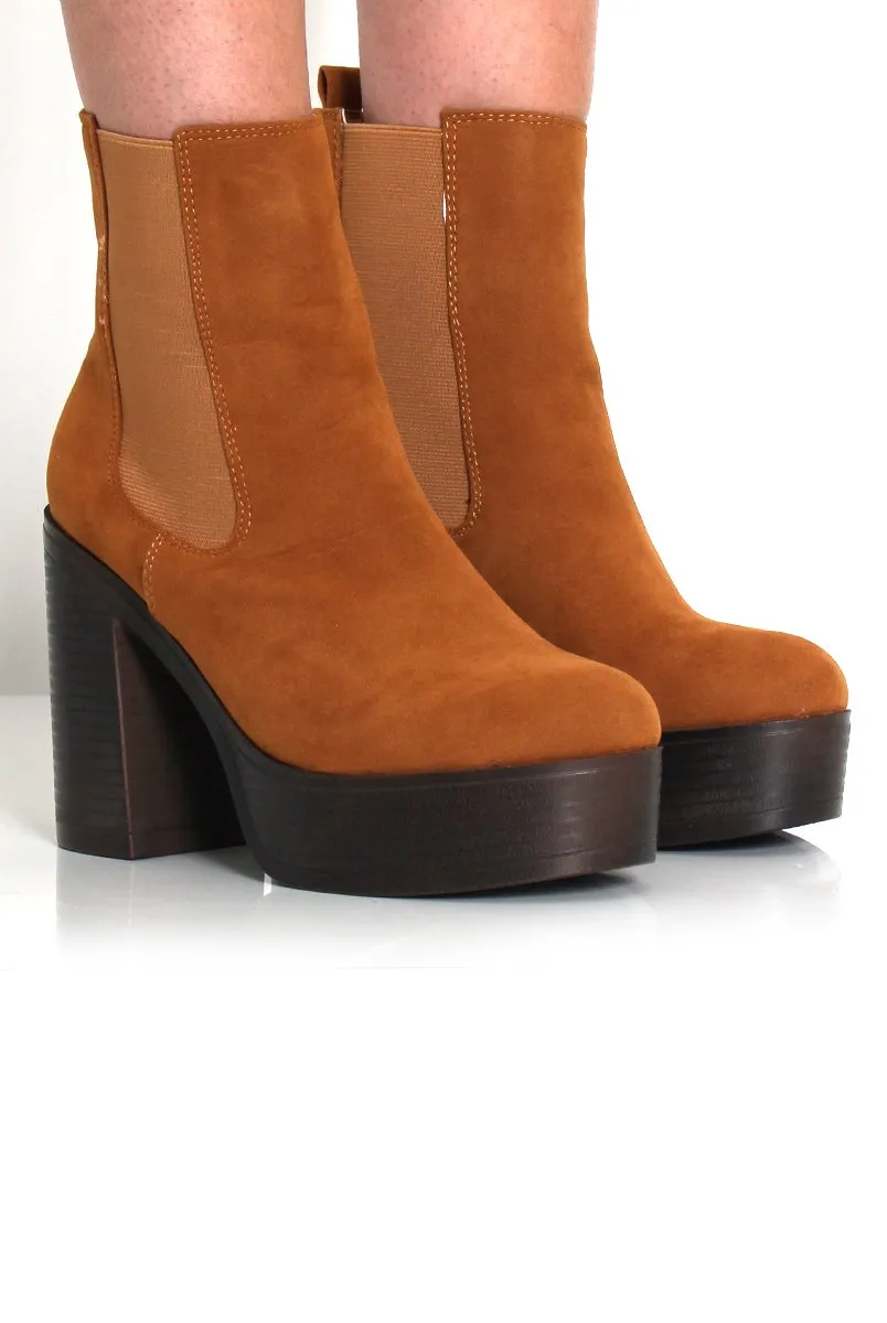 Lona Tan Suede Platform Boots sold by Rebellious Fashion