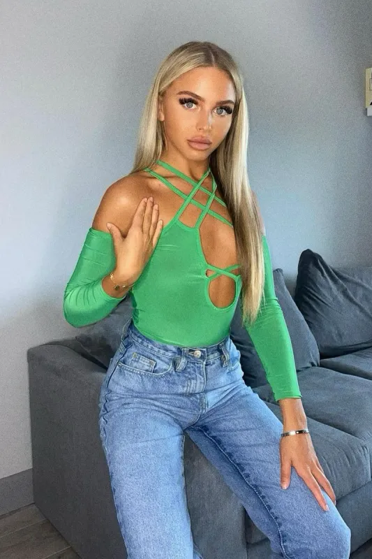 Green Slinky Strappy Crossover Cut Out Shoulders Bodysuit - Jorja sold by Rebellious Fashion