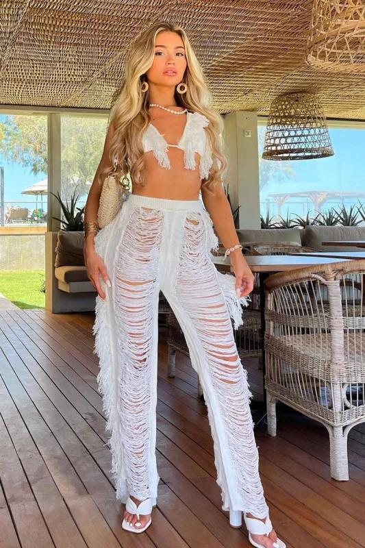 Cream Frayed Knit Bralette & Trouser Set - Scarlett sold by Rebellious Fashion