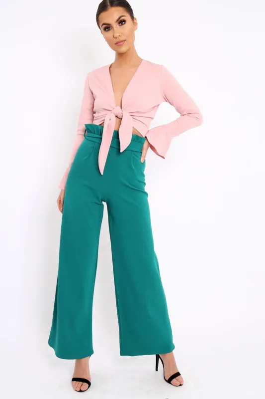 Teal Paper Bag Tie Waist Wide Leg Trousers - Kennedy sold by Rebellious Fashion
