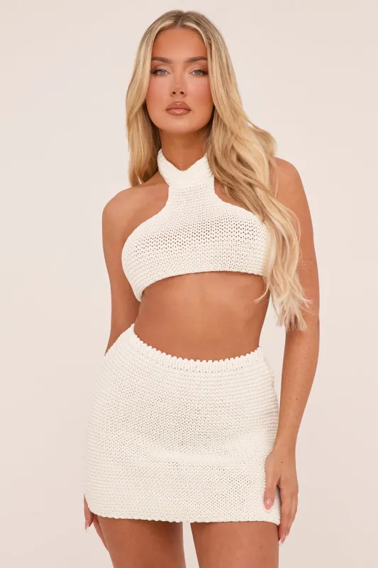 Cream Knit Halter Neck Crop Top & Mini Skirt Co-ord Set - Alma sold by Rebellious Fashion