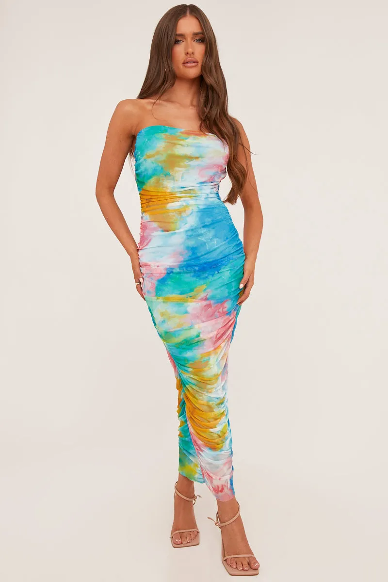 Multi Abstract Print Bandeau Ruched Midi Dress - Blossom sold by Rebellious Fashion