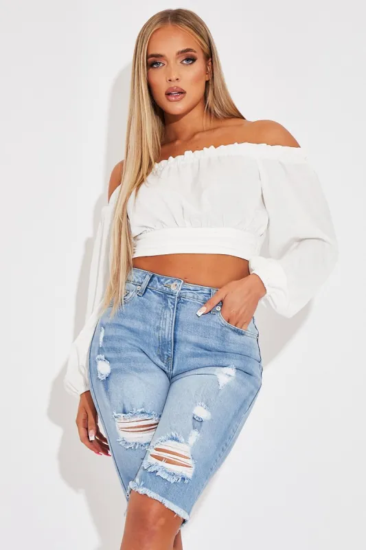 White Elasticated Bardot Crop Top - Amelia sold by Rebellious Fashion