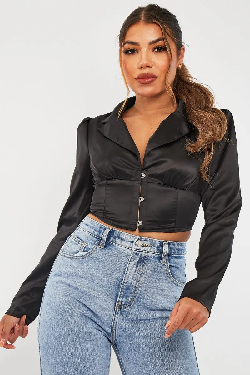 Black Satin Puff Shoulder Crop Top - Ciarra sold by Rebellious Fashion product image thumbnail 3