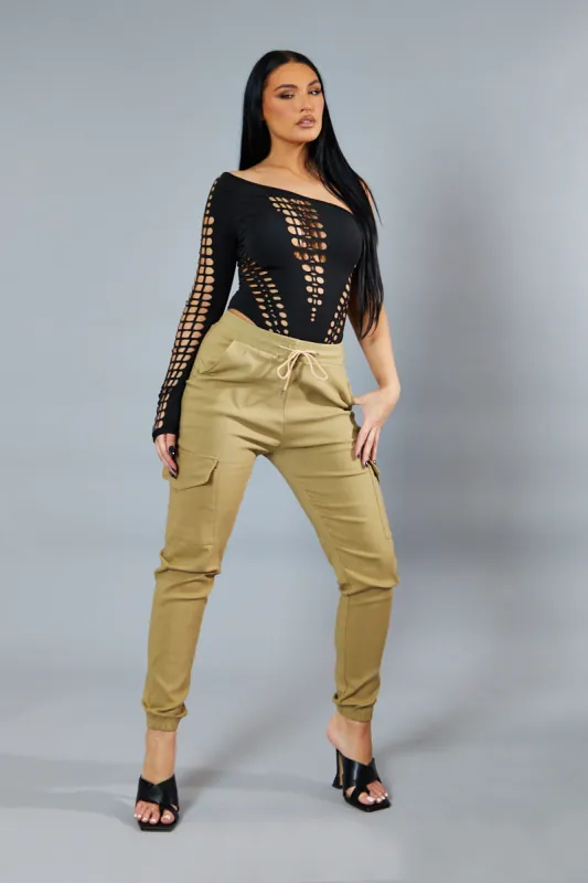 Beige Cuffed Hem Cargo Trousers - Rain sold by Rebellious Fashion