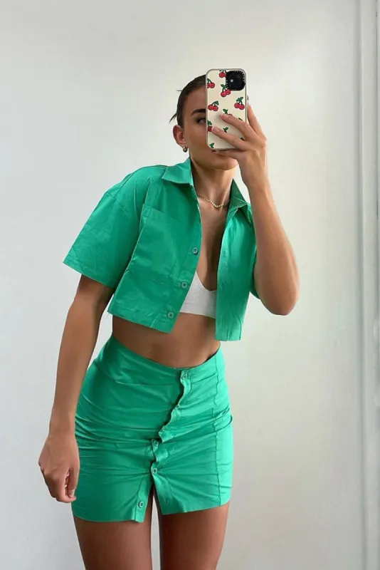 Green Cropped Shirt & Mini Skirt Set - Cathy sold by Rebellious Fashion
