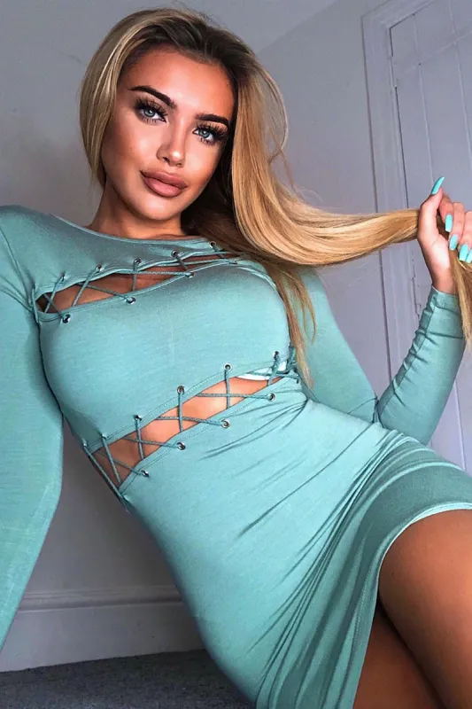 Sage Lace Up Detail Mini Dress - Tari sold by Rebellious Fashion