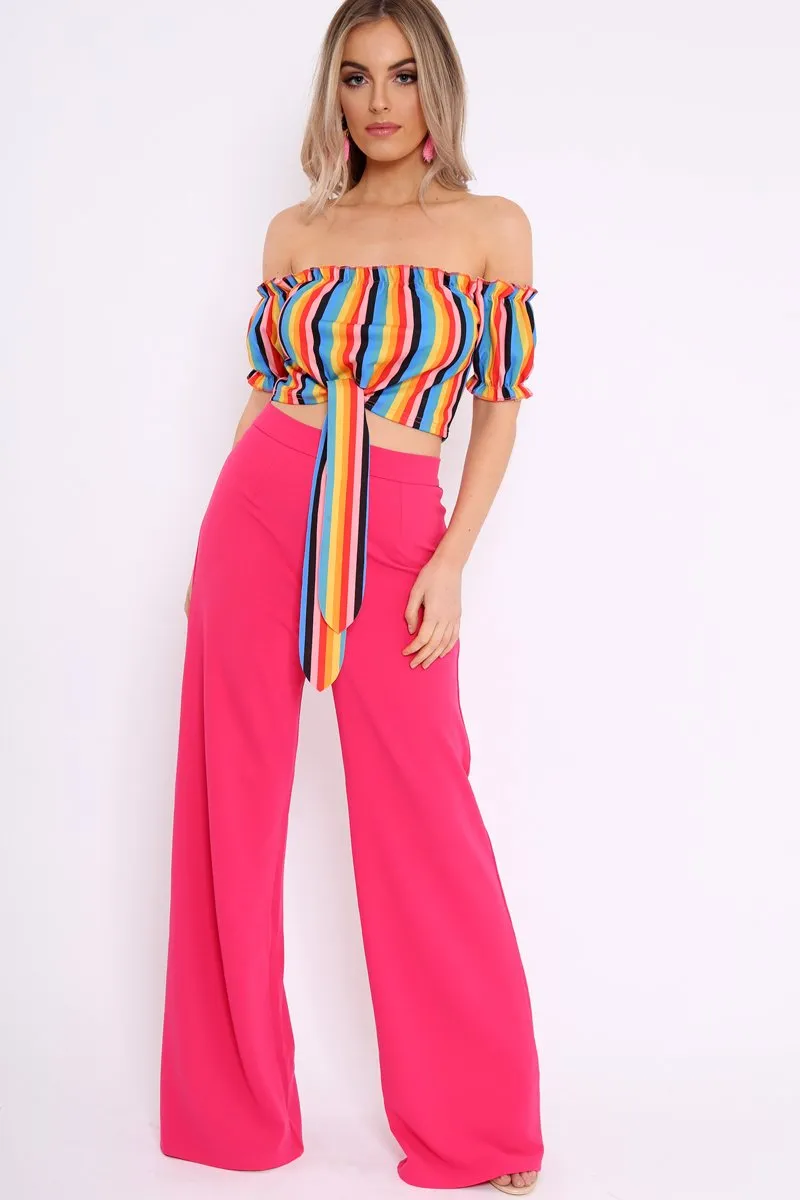 Rainbow Stripe Ruched Bardot Gypsy Crop Top - Katerin sold by Rebellious Fashion product image thumbnail 2