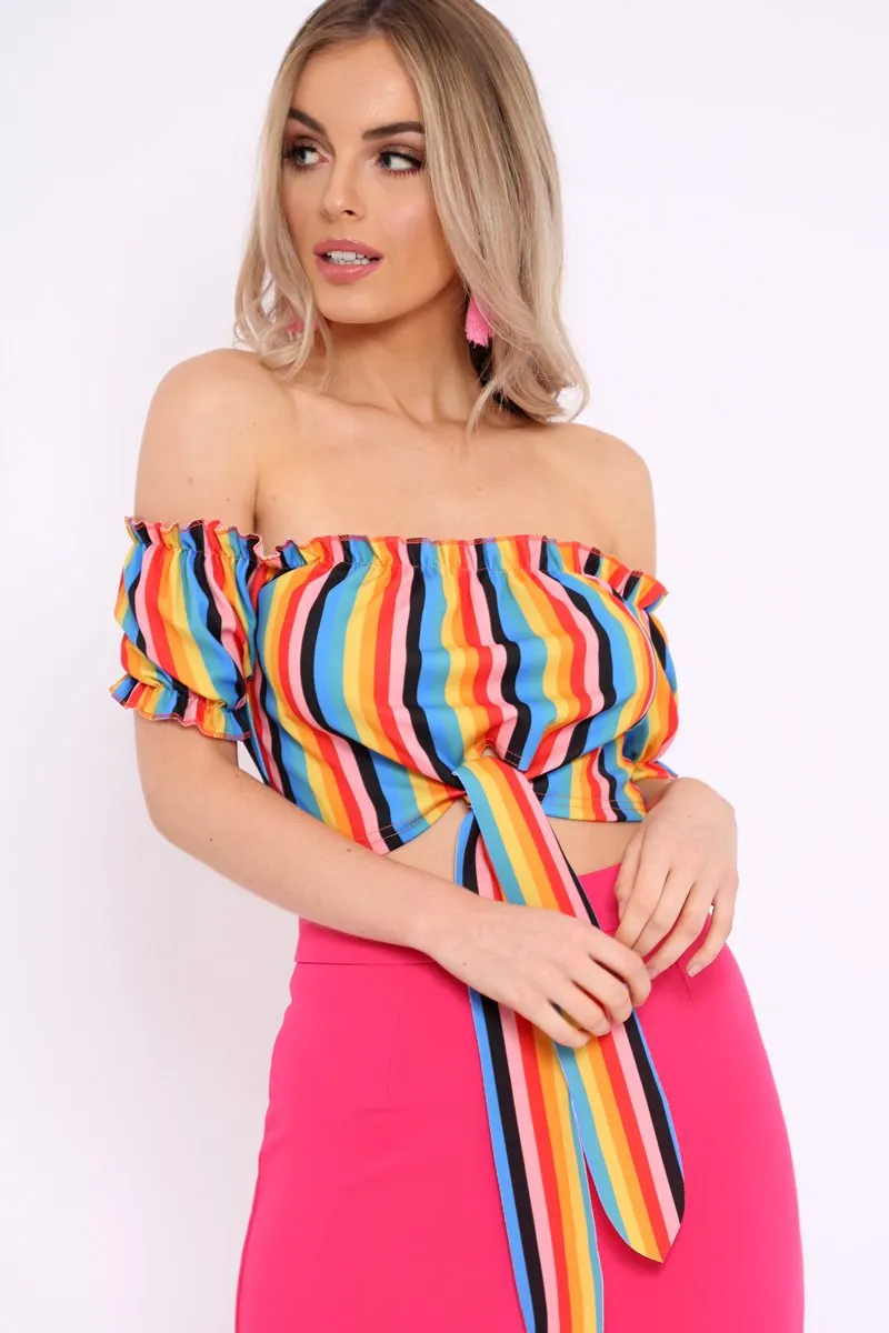 Rainbow Stripe Ruched Bardot Gypsy Crop Top - Katerin sold by Rebellious Fashion