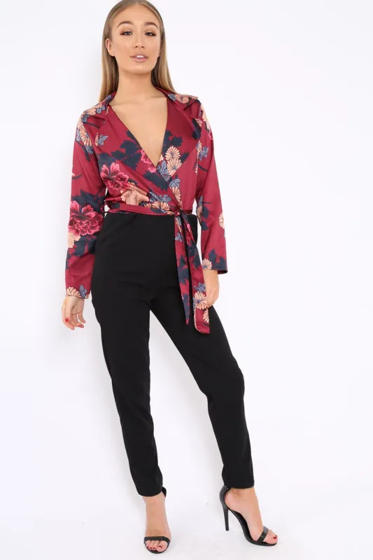 Wine Floral Plunge Satin Wrap Front Jumpsuit - Talulah sold by Rebellious Fashion