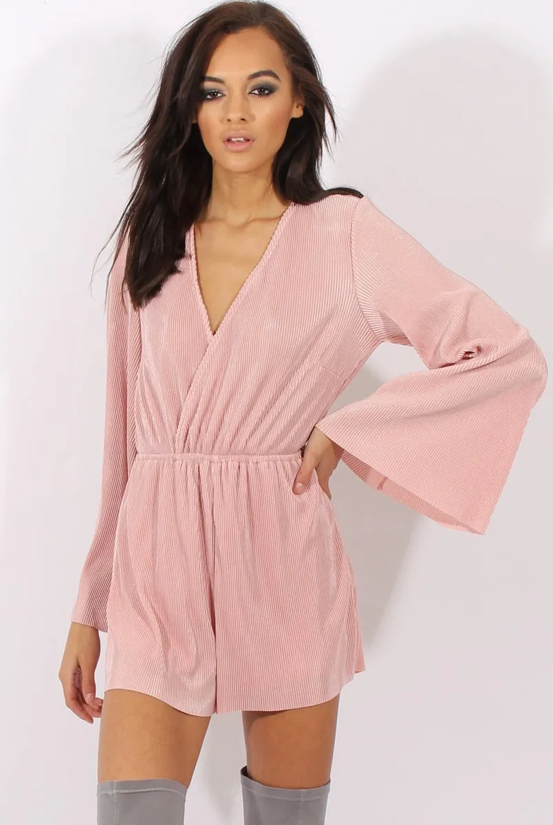 Pink Pleated Flared Sleeve Playsuit - Amity sold by Rebellious Fashion