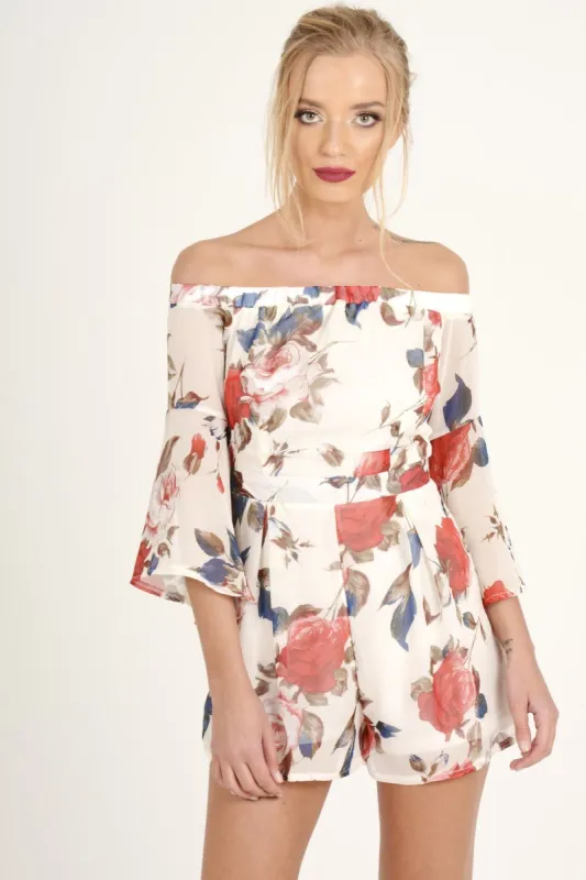 White Floral Bardot Flared Sleeve Playsuit - Carla sold by Rebellious Fashion