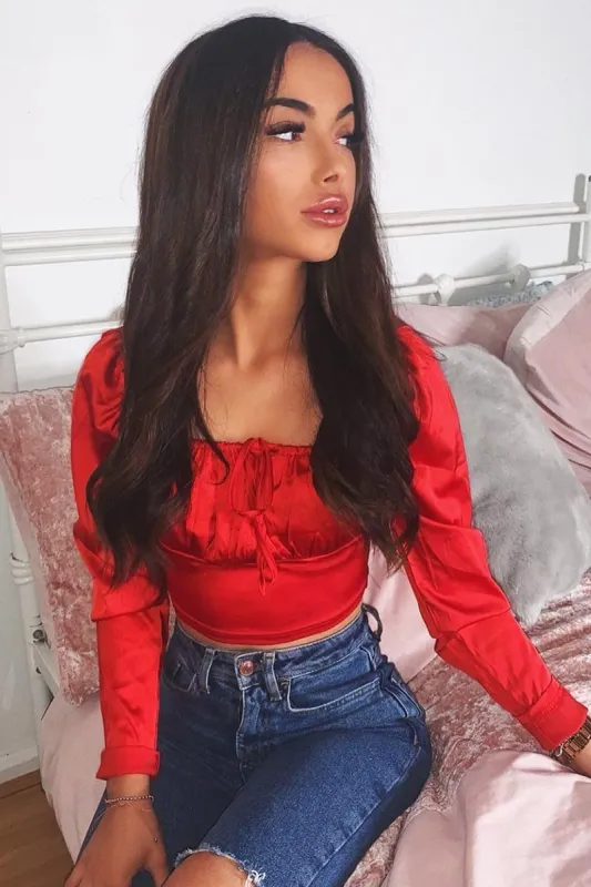 Red Satin Bow Front Milkmaid Crop Top - Elsy sold by Rebellious Fashion