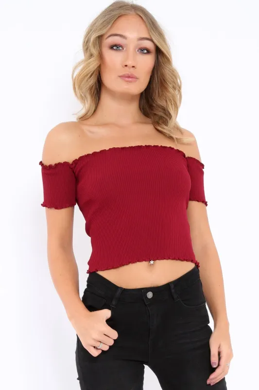 Wine Ribbed Frill Hem Bardot Crop Top - Adelle sold by Rebellious Fashion
