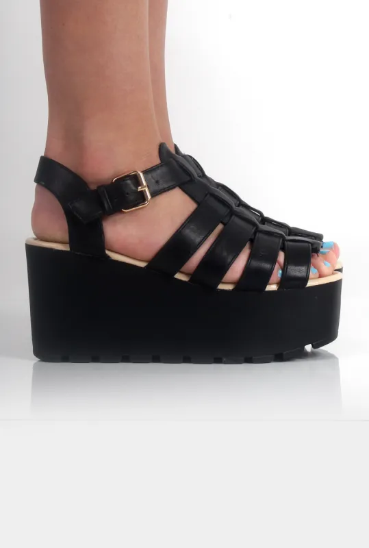 Bethany Black Flatform Strappy Sandals sold by Rebellious Fashion