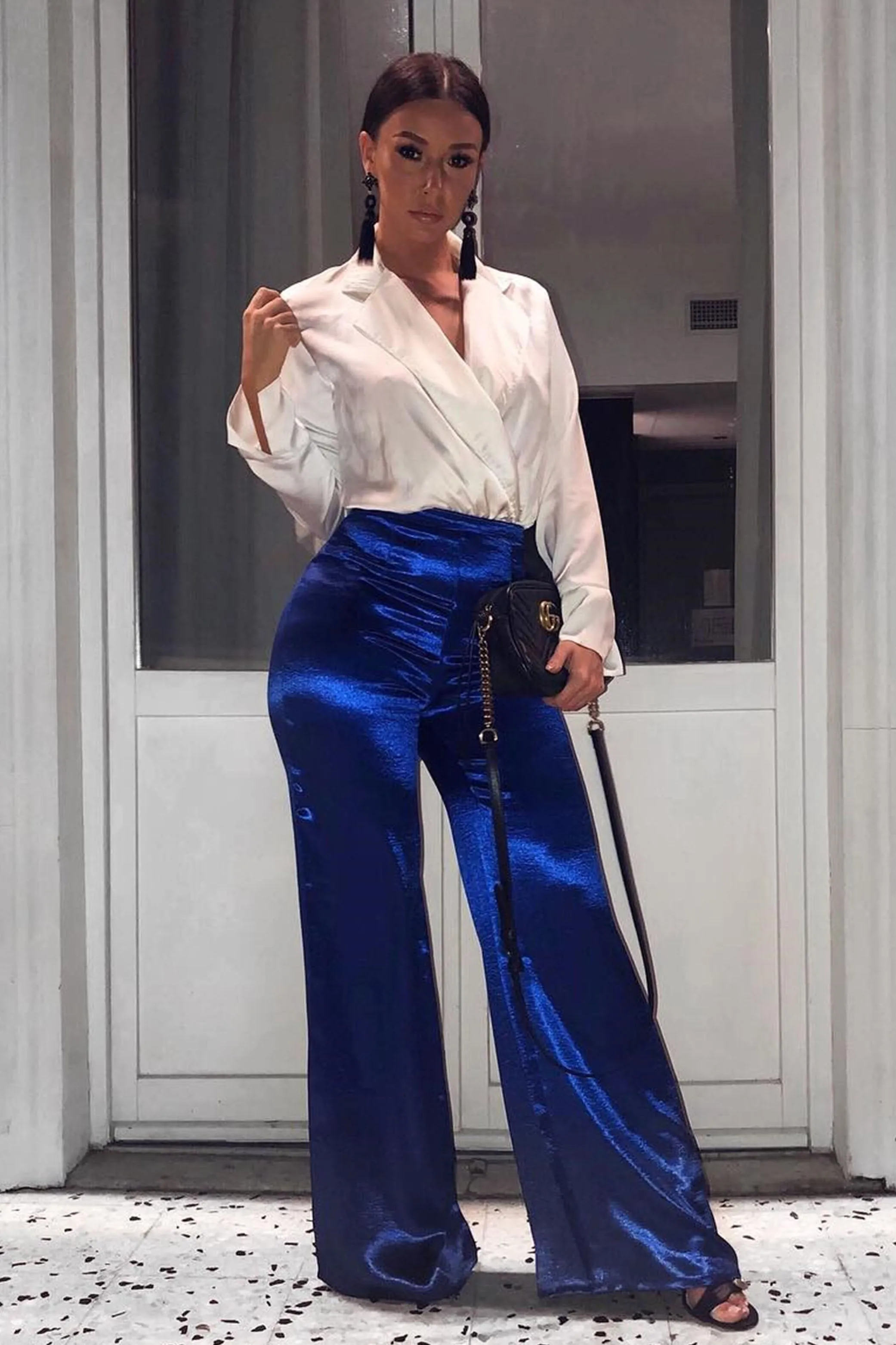 Royal Blue Satin High Waist Flare Trousers -Tisha sold by Rebellious Fashion